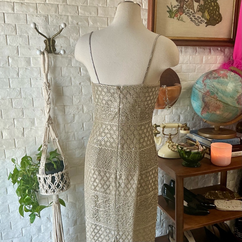Vintage 90s Y2K Michelangelo Rhinestone Spaghetti Strap Gold Crochet Sequin Gown - Picture 10 of 14